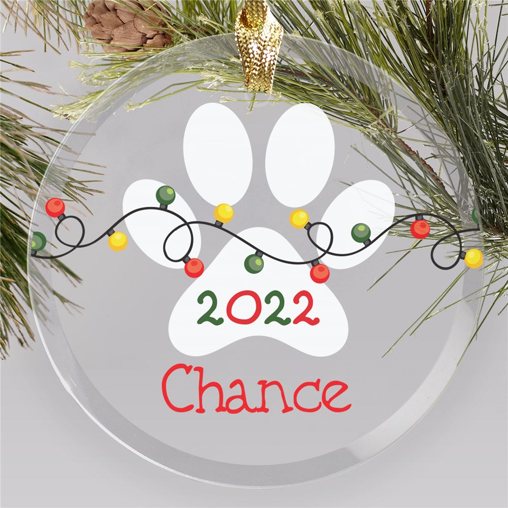 Personalized White Paw with Lights Round Glass Ornament