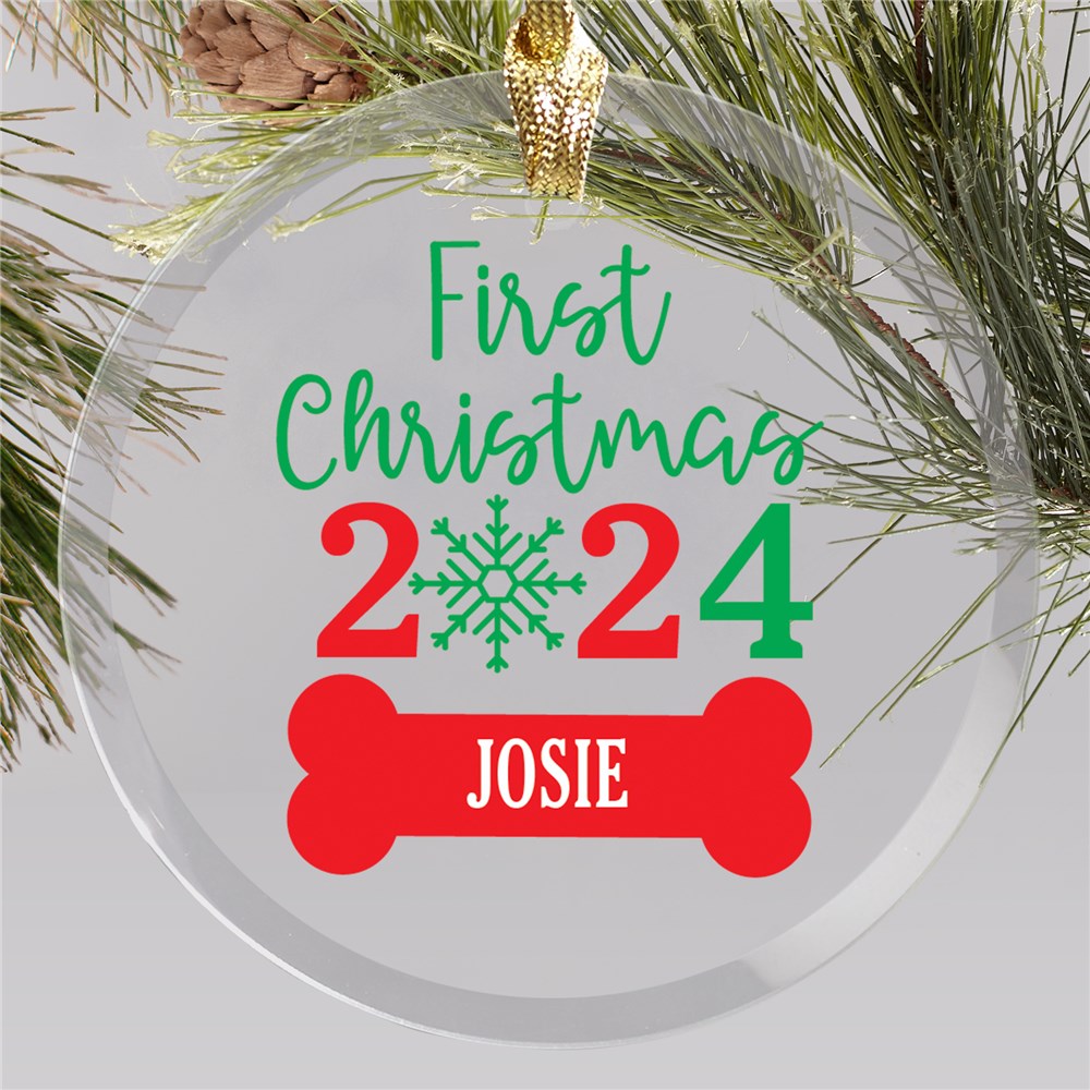 Personalized First Christmas with Bone Round Glass Ornament